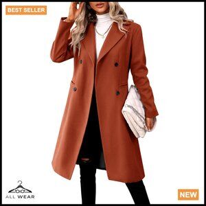 Long Double Breasted Pea Coat Slim Fit Wool Blend Trench Coat Classic Elegant